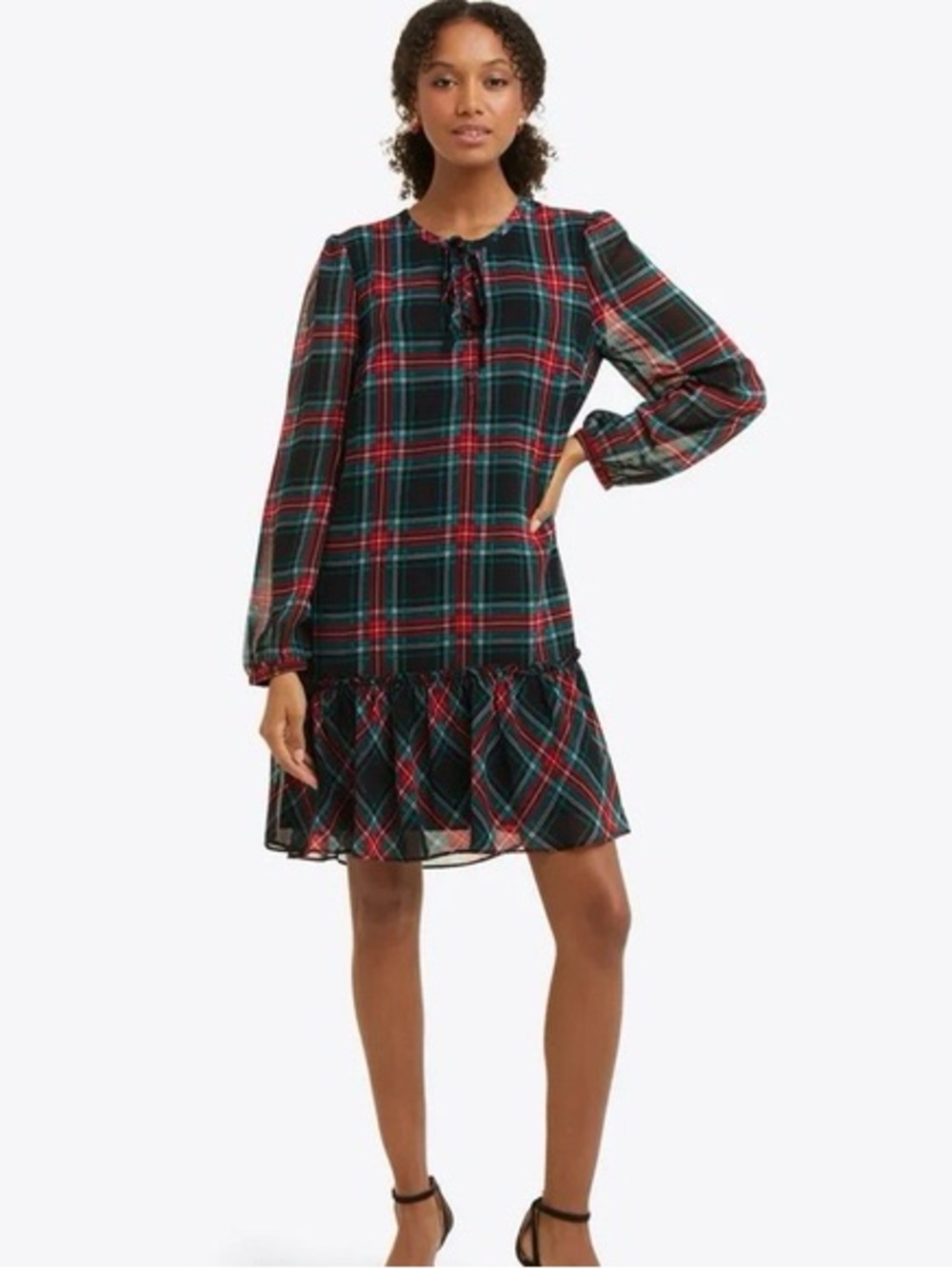 Draper James Black & Red Plaid Tie-Neck Long Sleeve Ruffle Hem Dress Size xl